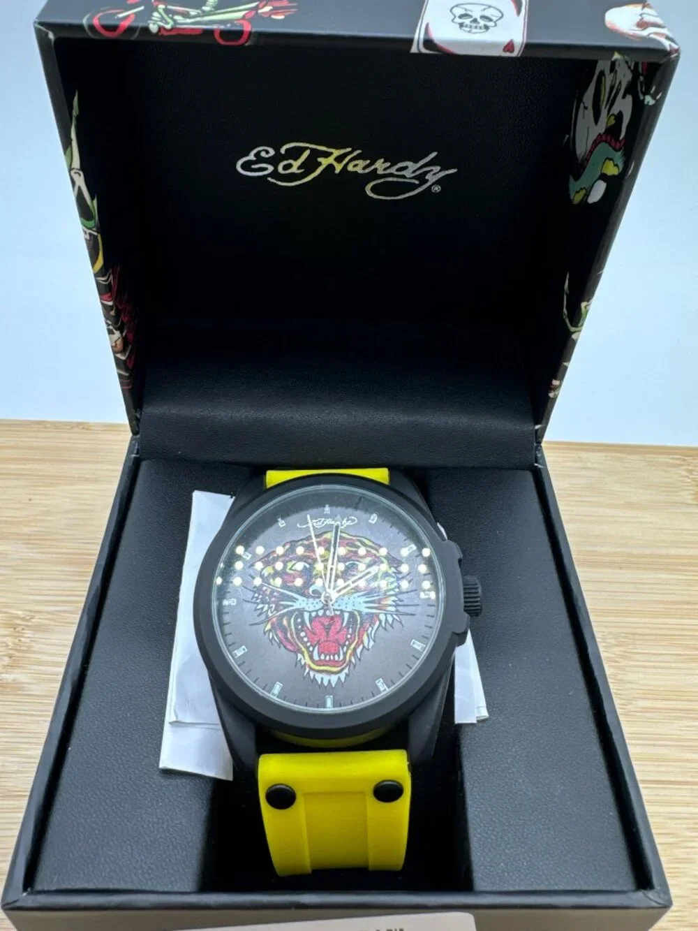 Ed Hardy Men's Tiger Dial Watch Yellow Silicone Strap Black Case Quartz
